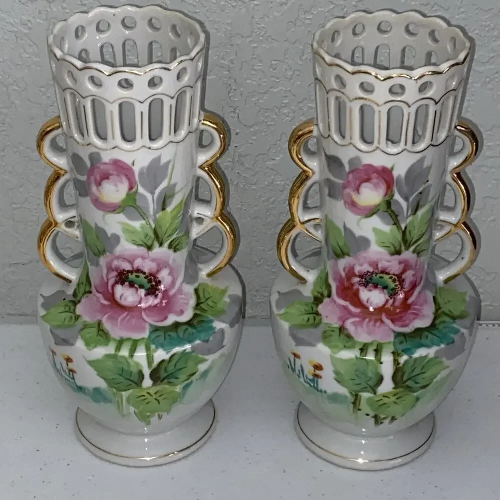 VTG Double Handled Floral Vase 9” Set Of 2 Hand Painted Made In Occupied Japan